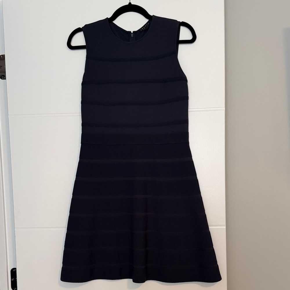 Theory Navy Textured Sleeveless Fit-and-Flare Mini Dress